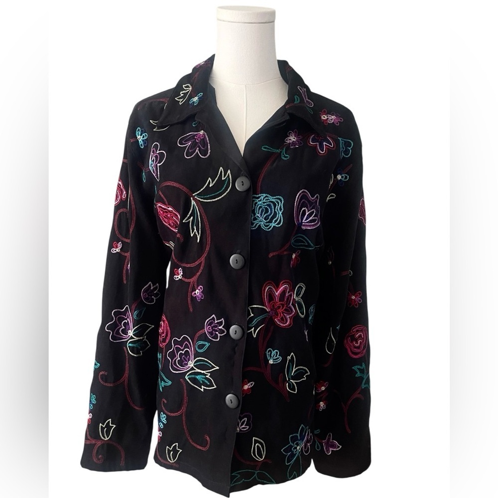 Vintage Koret Womens Jacket Sweater Faux Suede Floral Embroidery Size L